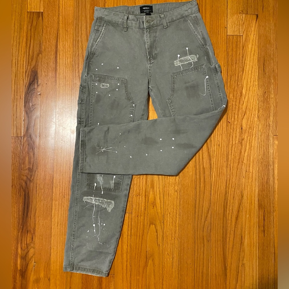 Olive Green Distressed Regular fit Chinos | Work cargo pants